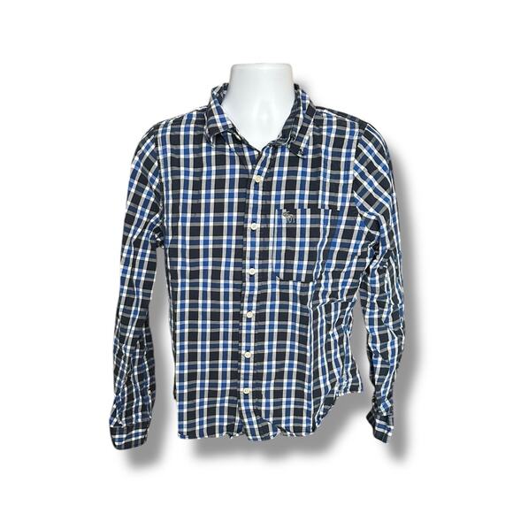 Abercrombie & Fitch Long Sleeve Blue Plaid Button Down Muscle Shirt XXL Shrunken - Picture 2 of 5